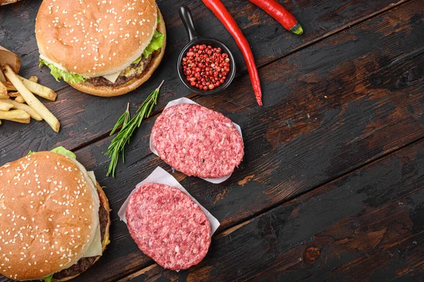 Sandwich Hamburger Mit Burgern Auf Holztisch Draufsicht Mit Kopierraum — Stockfoto