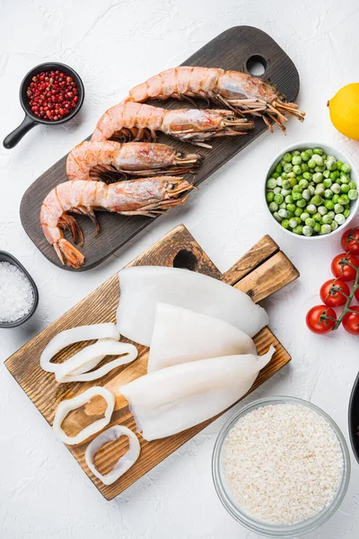 Fresh Seafood Assortment Paella White Textured Background Flat Lay Food — Stock Photo, Image