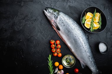 Siyah arkaplanda taze alabalık, kopyalama alanı ile düz uzanmış.