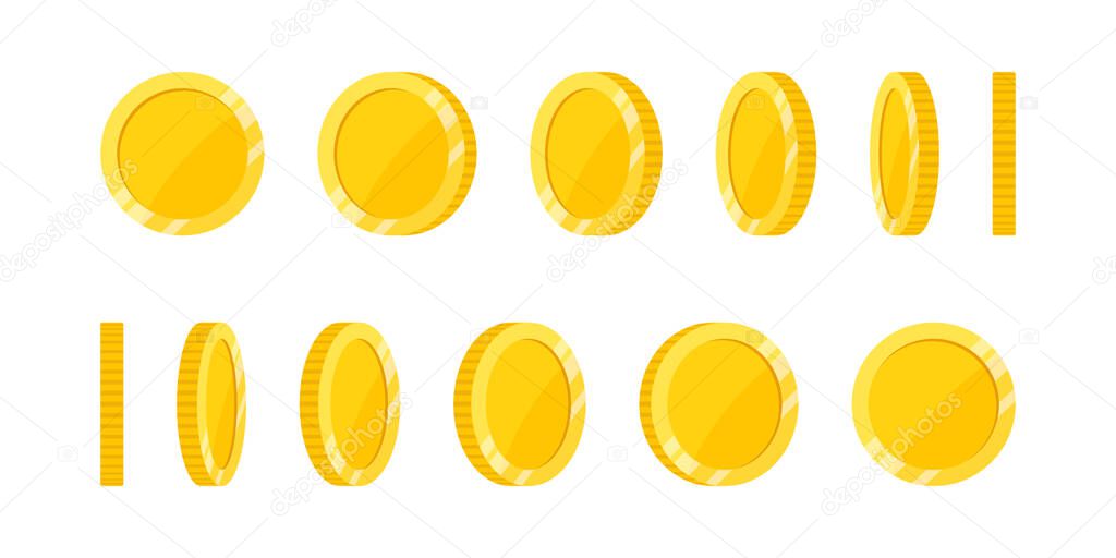 Spin golden coin isolated on white background. Set of rotation flat icon design at different angles for animation.