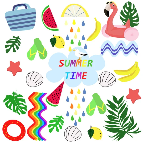 Summer Set Cute Vector Icons Flamingo Bird Tropical Foliage Fruit — Stock Vector