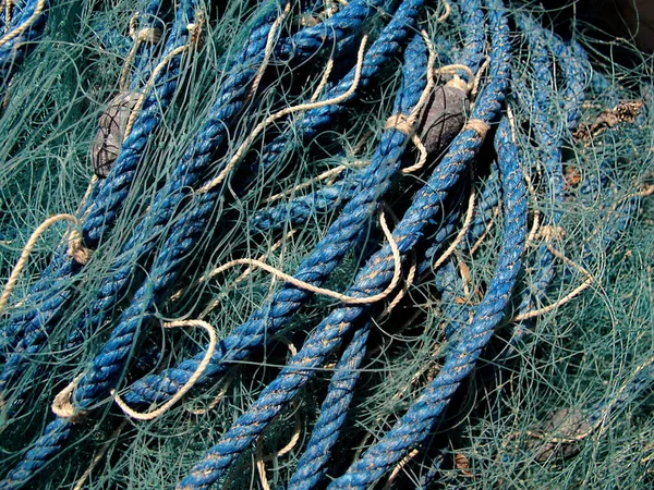 Primo Piano Delle Reti Delle Corde Pesca Blu — Foto Stock