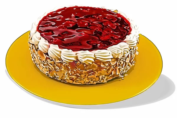 Tarta Cereza Con Crema Blanca Plato Amarillo Aislado — Foto de Stock