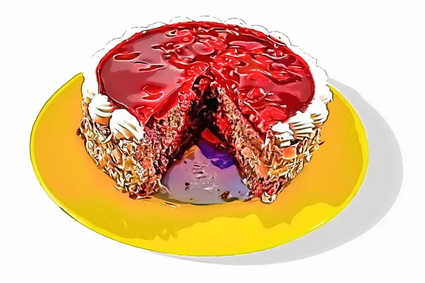 Gâteau Cerise Sur Plaque Jaune Avec Morceau Découpé Anniversaire Célébration — Photo