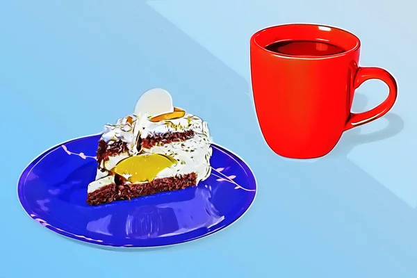 Кусок Сливочного Торта Кликусами Апельсины Голубой Тарелке Чашку Чая Кофе — стоковое фото