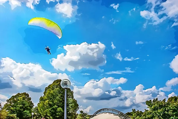 Gleiten Mit Dem Fallschirm Über Grünen Bäumen Blauen Bewölkten Himmel — Stockfoto