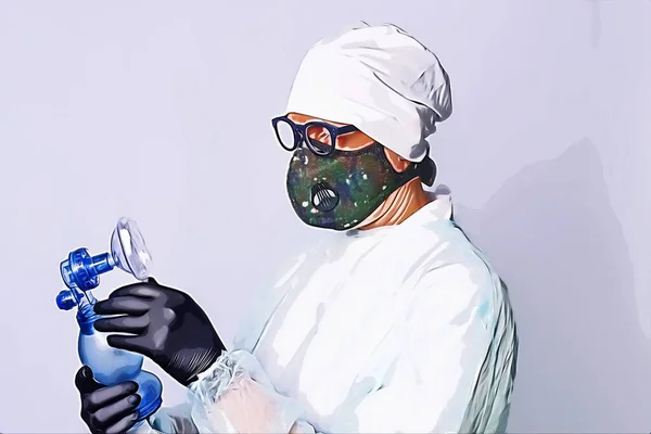 A doctor wearing respirator mask with oxygen ambu bag for inhaling some air by a patient.