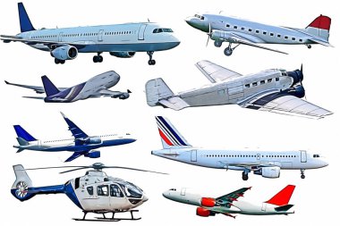 Bir grup uçak ve beyaz arka planda bir helikopter, izole edilmiş..