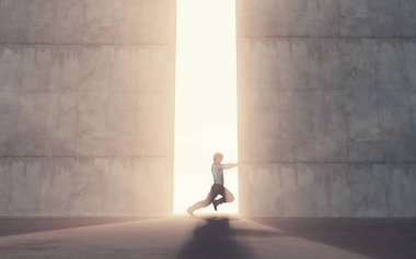 Young man pushing a big door. This is a 3d render illustratio