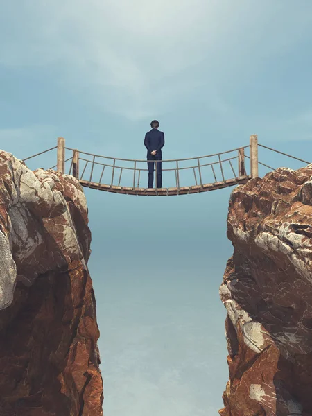 Άνθρωπος Σχοινί Περνώντας Πάνω Από Μια Γέφυρα Που Μετεωρίζεται Ανάμεσα — Φωτογραφία Αρχείου