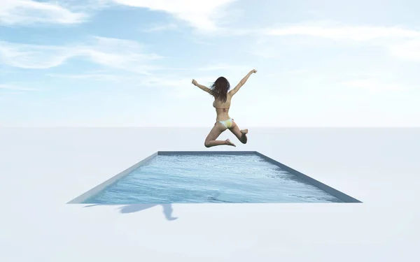 游泳在游泳池里跳 这是一个3D 渲染插图 — 图库照片
