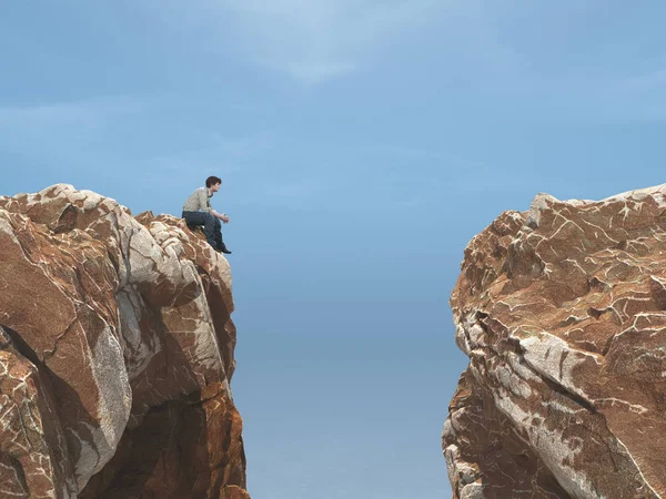 Jovem Numa Rocha Frente Abismo Esta Uma Ilustração Renderização — Fotografia de Stock