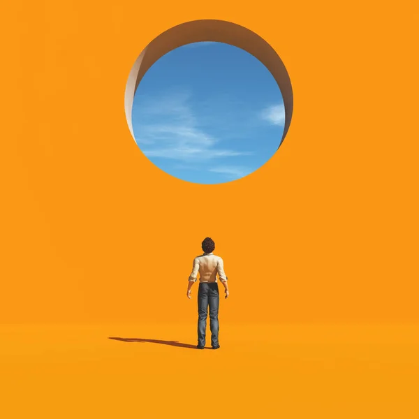 Man Looking Hole Wall Sky Render Illustratio — Stock Photo, Image