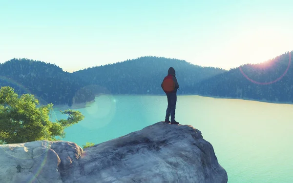 Hombre Mira Sobre Cima Montaña Lago Bosque Esta Una Ilustración —  Fotos de Stock