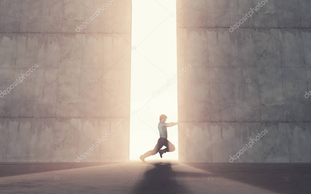 Young man pushing a big door. This is a 3d render illustratio