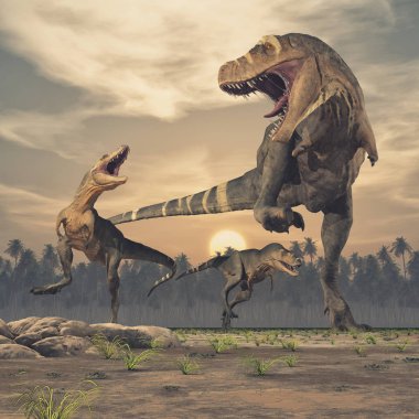 Üç dinozorlar - tyrannosaurus rex. Bu bir 3d render örnektir