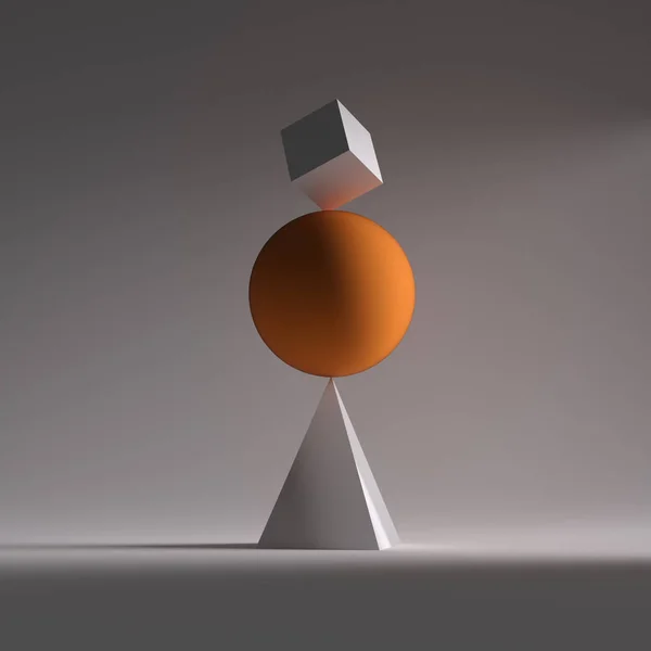 一个橙色球体 正方形和三角形的平衡 这是一个3D 渲染插图 — 图库照片