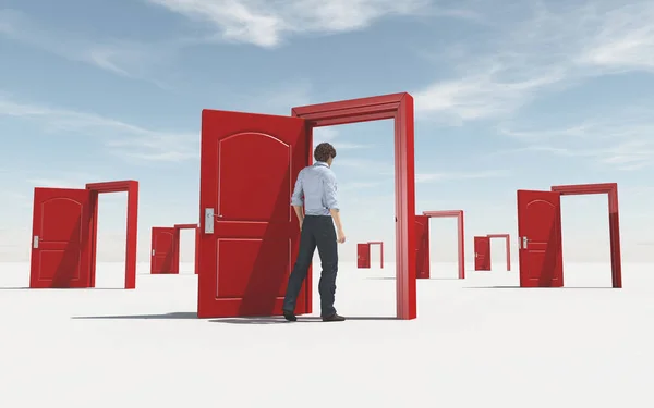 Man Enters Opened Door Concept Opportunities Choices Render Illustration — Stock Photo, Image