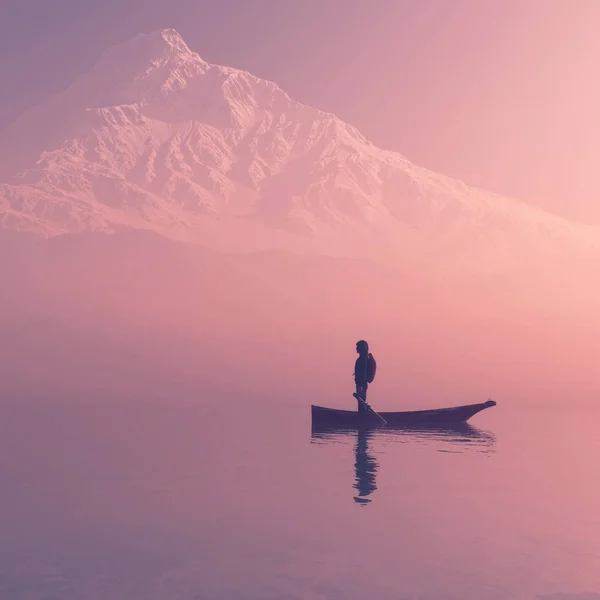 Homme Assis Sur Bateau Sur Lac Montagne Illustration — Photo