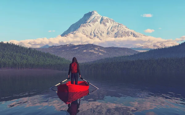 Человек Сидящий Лодке Горном Озере Иллюстрация — стоковое фото