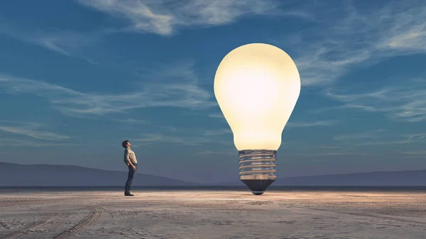 Man Looks Big Bulb Render Illustration — Stock Photo, Image