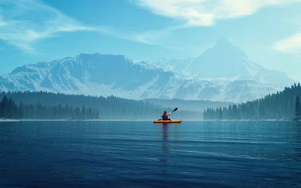 Man Canoe Lake Render Illustration — Stock Photo, Image