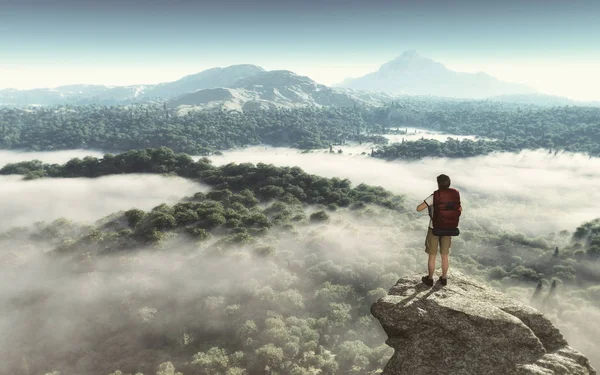 Escursionista Sulla Cima Della Montagna Guardando Paesaggio Rendering Illustrazione — Foto Stock