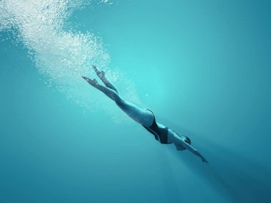 Suyun altında bir denizde yüzme kadın. Bu bir 3d render örnektir