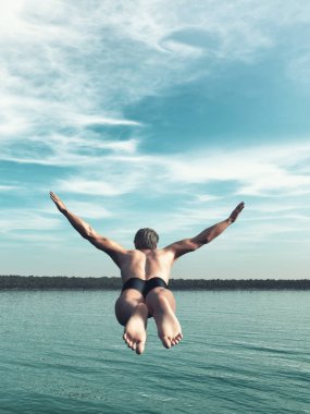 Genç adam suya atlar. Bu bir 3d render örnektir
