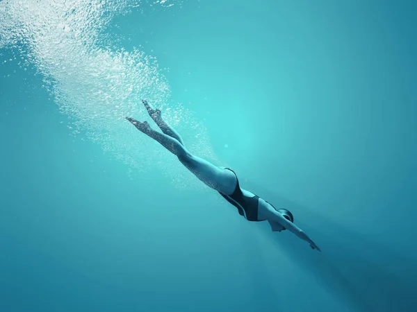 Woman Swimming Underwater Sea Render Illustration — Stock Photo, Image