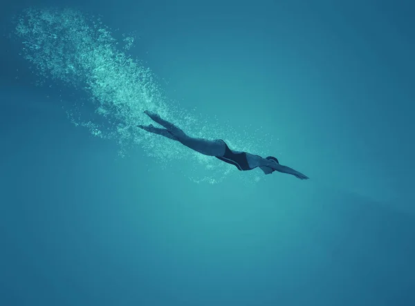 Woman Swimming Underwater Sea Render Illustration — Stock Photo, Image