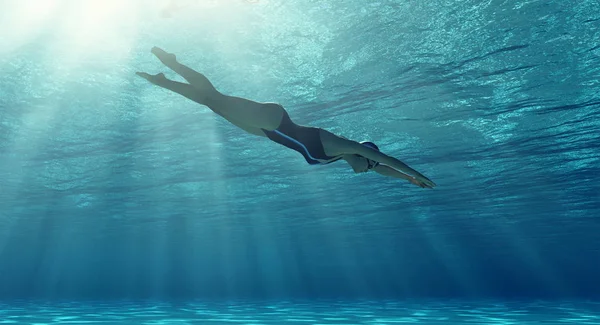 Woman Swimming Underwater Sea Render Illustration — Stock Photo, Image