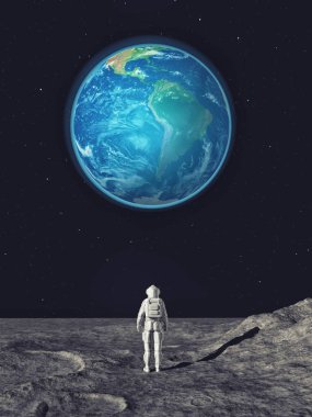 Astronot aya arıyorsunuz şehir arka planda. Bu bir 3d render örnektir
