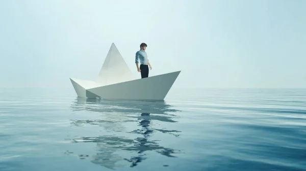 Joven Navegando Barco Papel Imagen Conceptual Esta Una Ilustración Renderizado —  Fotos de Stock