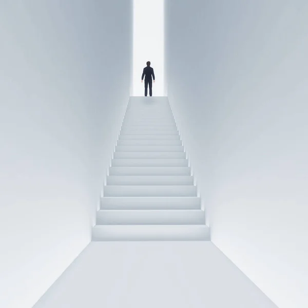 Молодий Чоловік Піднімається Сходами Небо Концепція Успіху Ілюстрація Рендеринга — стокове фото