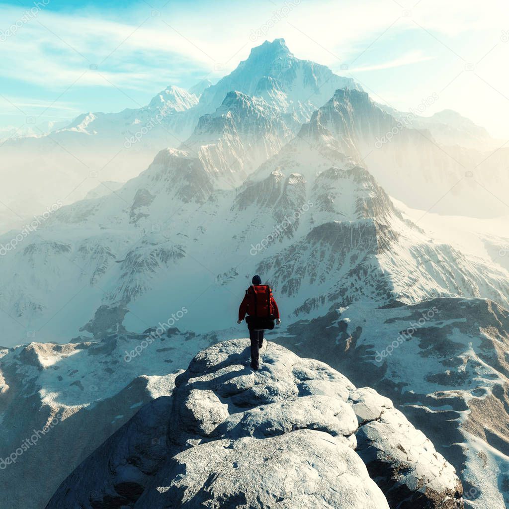Conceptual image of a man hiker with backpack in front of a mountain - 3d illustration