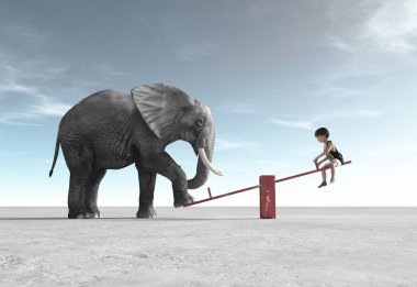 Bir fil ile bir sallanan sandalyede bir çocuktur. Bu bir 3d render örnektir.