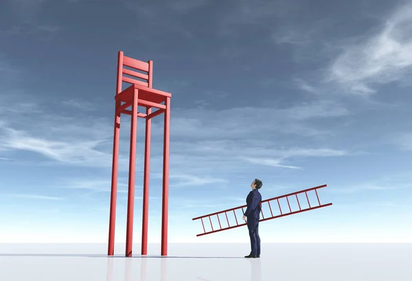 長い脚の椅子の横にあるはしごを持ったビジネスマン 吸引の概念 これは レンダリング図です — ストック写真