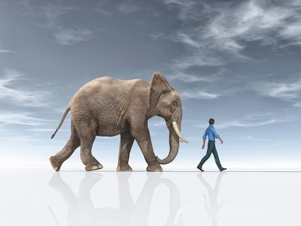 这个人和一头大象一起去 这是一个3D 渲染插图 — 图库照片