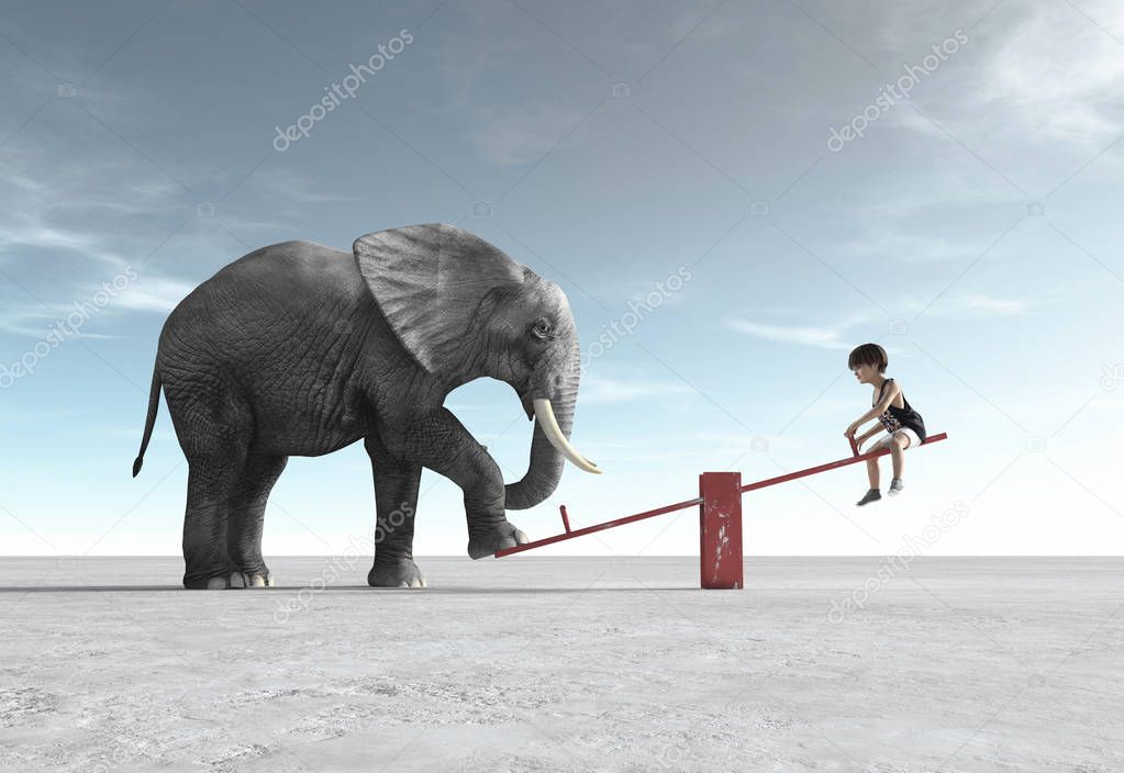A child is in a rocking chair with an elephant. This is a 3d render illustration.