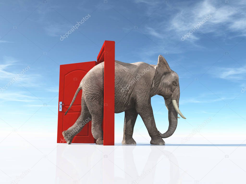 The big elephant enters opened door . The concept of opportunities. This is a 3d render illustration
