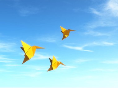 Origami ile kavramsal görüntü kuşlar uçun. Bu bir 3d render örnektir