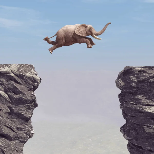 Elefante Saltar Sobre Abismo Esta Uma Ilustração Renderização — Fotografia de Stock
