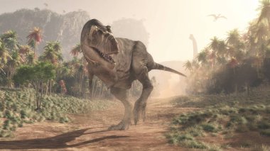 Ormanda Tyrannosaurus Rex. Bu bir 3d render örnektir