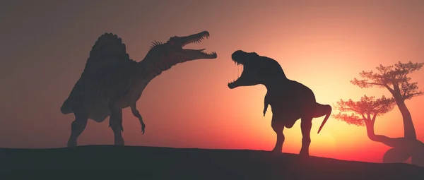 Tyrannosaurus Rex Djungeln Solnedgången Detta Render Illustration — Stockfoto
