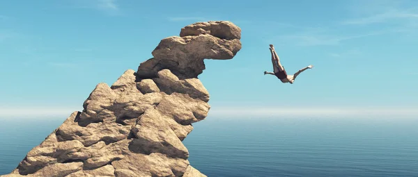 Mannen Hoppar Havet Från Klippa Detta Render Illustration — Stockfoto