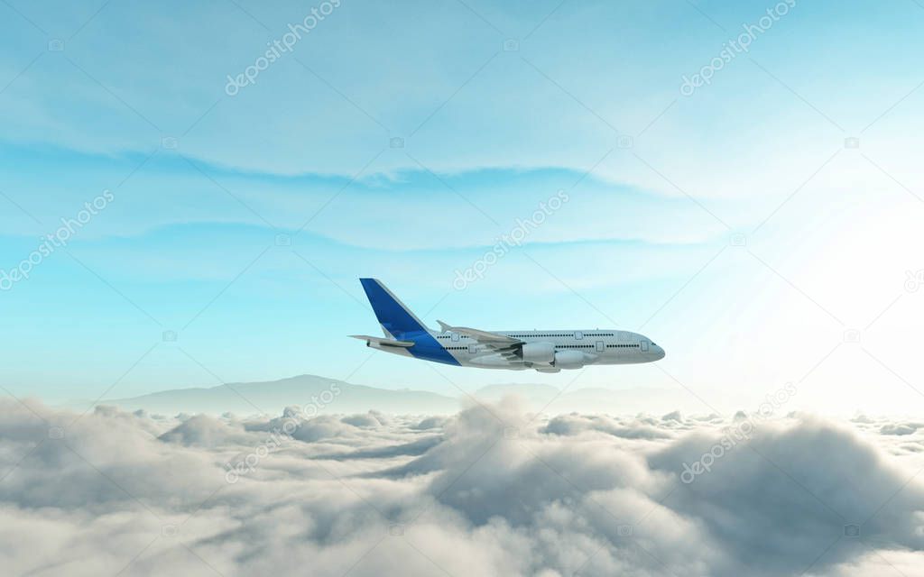 Airplane above the clouds. This is a 3d render illustration