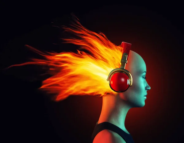 头戴耳机的女人 头上戴着火焰 这是一个3D 渲染插图 — 图库照片