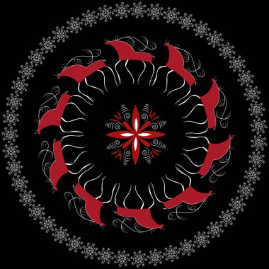 Rusya'nın Kuzey bölgesi cosmogonic geleneksel halk sanatı dekoratif unsurları ile ayarlayın. Mezensky kırmızı firebird. İllüstrasyon, vektör