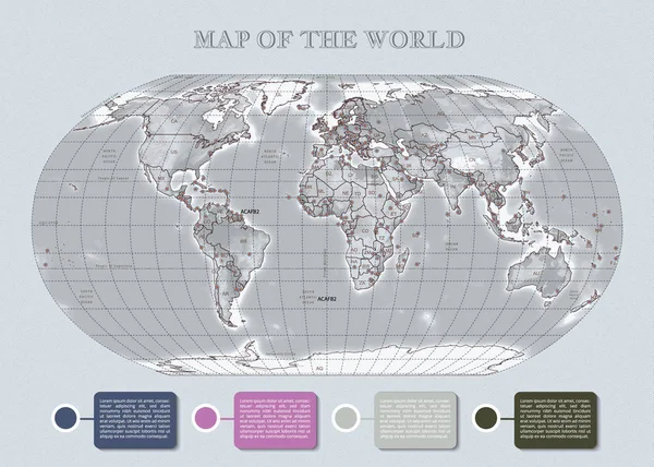 Carte Vectorielle Physique Monde Avec Contours Grandes Capitales Grille Infographie — Image vectorielle